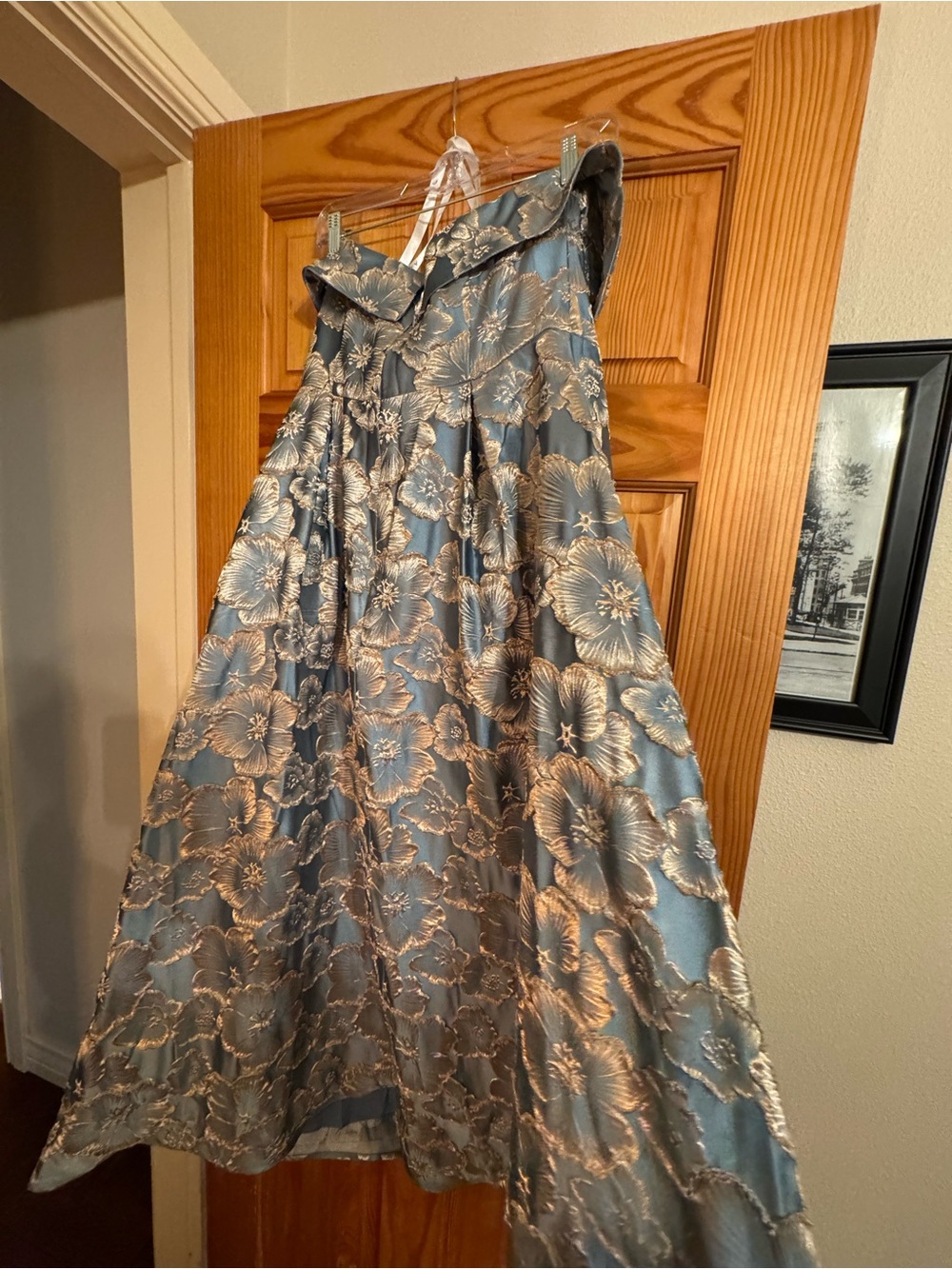 Azazie Blue and Gold Floral A-Line dress - Picture 2 of 6